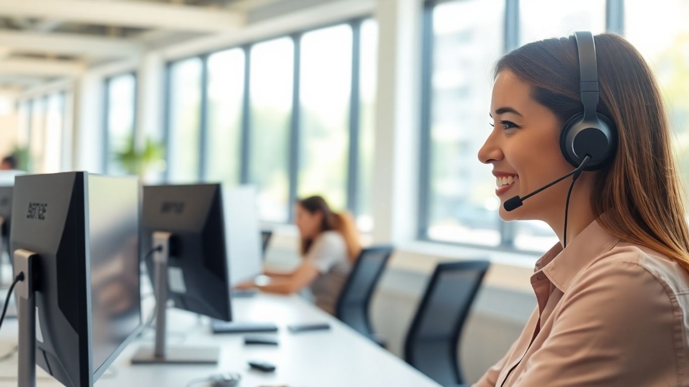 Call center agent assisting a client in an office