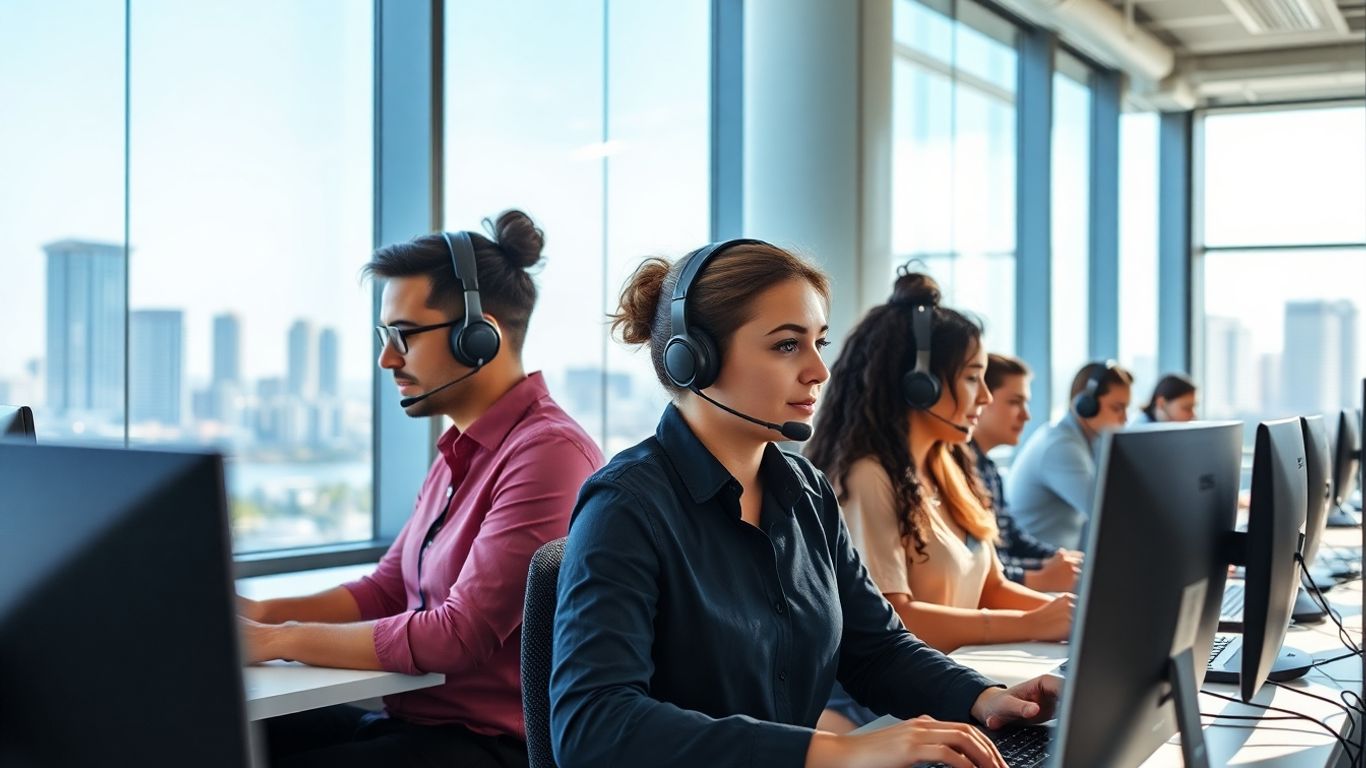 San Diego office workers using headsets in modern workspace