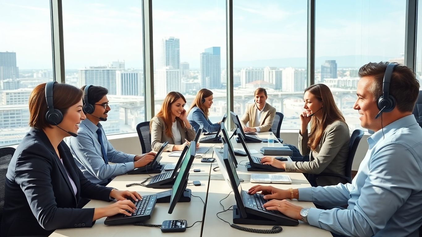 San Diego office team handling phone calls with headsets
