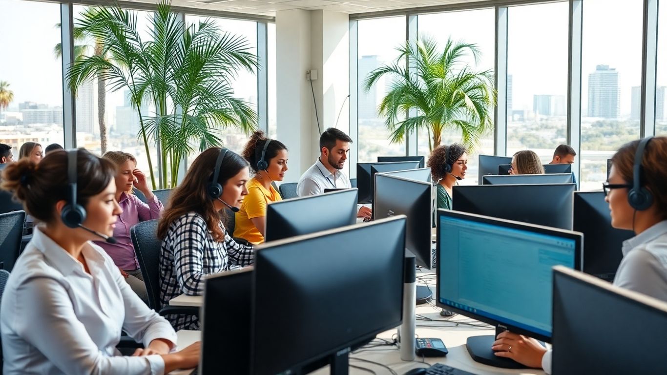 San Diego professionals using headsets in bright modern office
