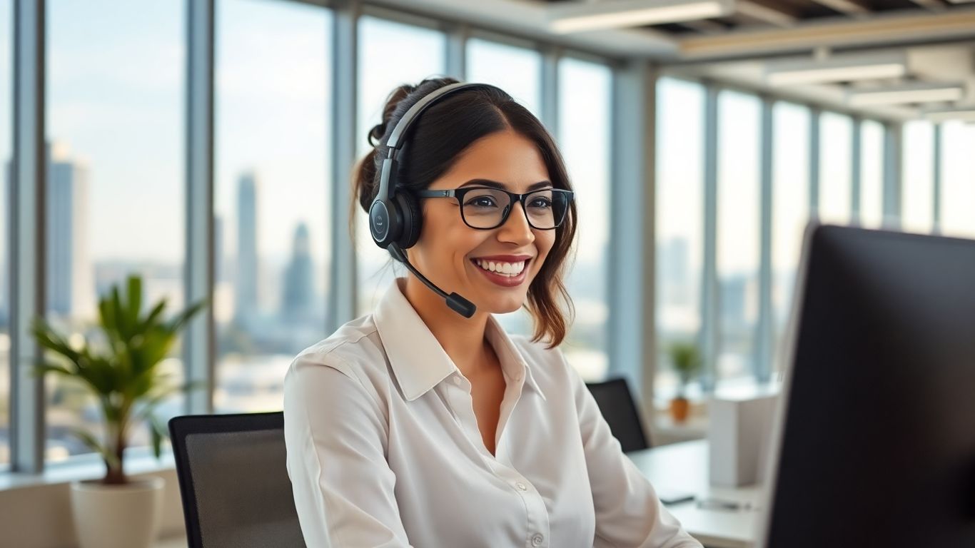 Customer service agent with headset in modern San Diego office