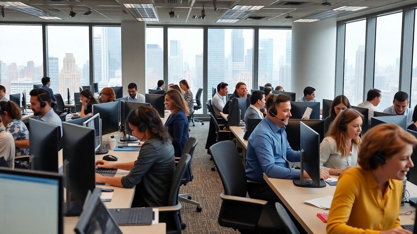 Professionals using headsets in a modern New York office.