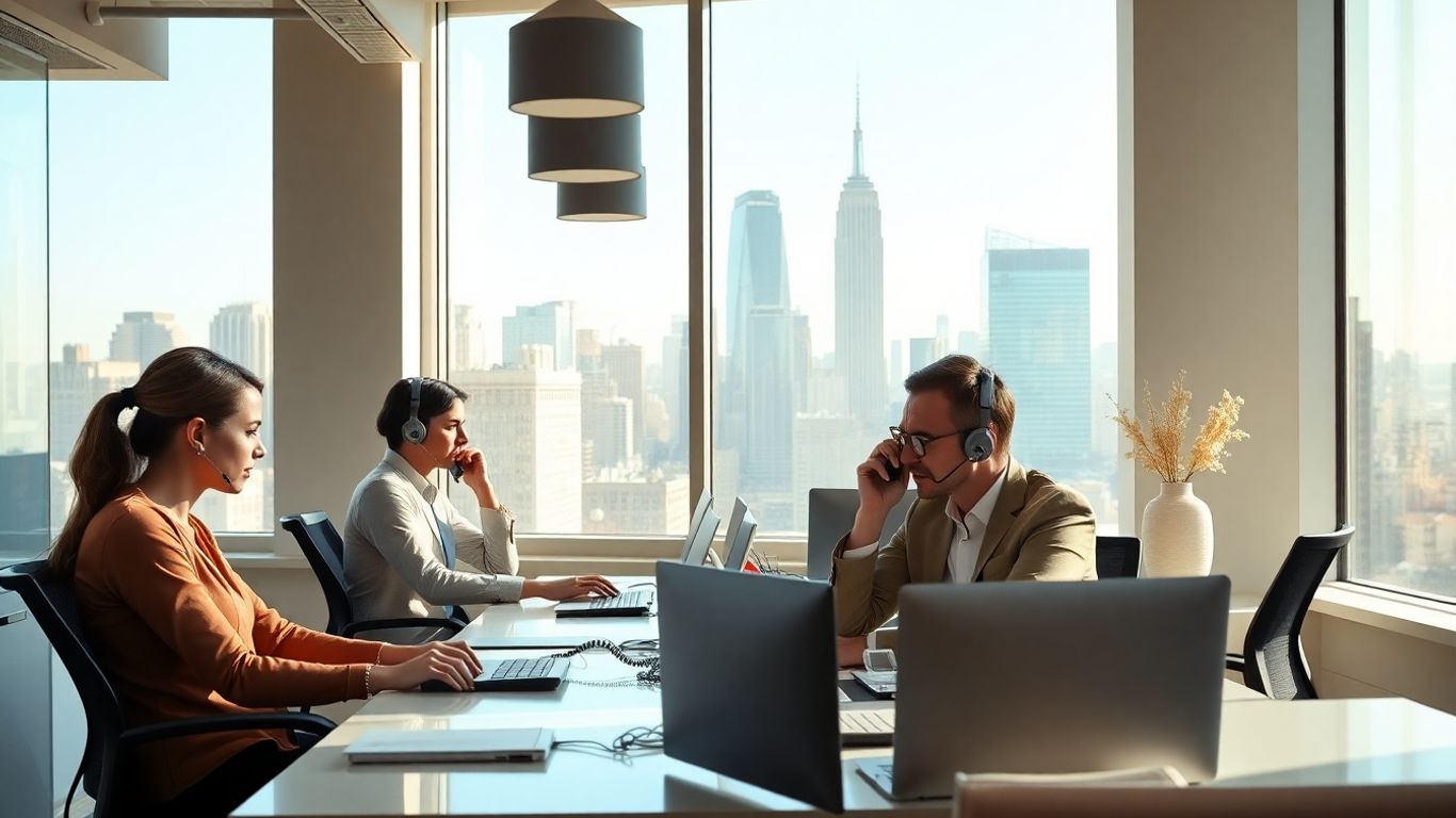Business team using phones in modern New York office