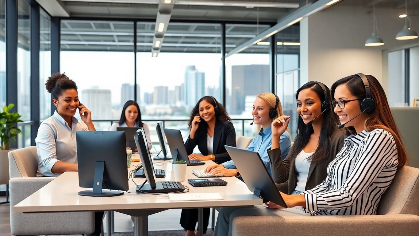 Smiling professionals in office answering phones in San Antonio.