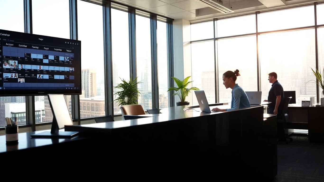 Receptionist managing calls and schedules in modern office