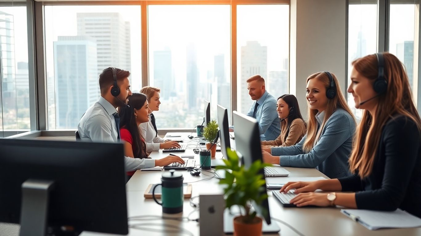 Philadelphia call center agents assisting customers in an office.