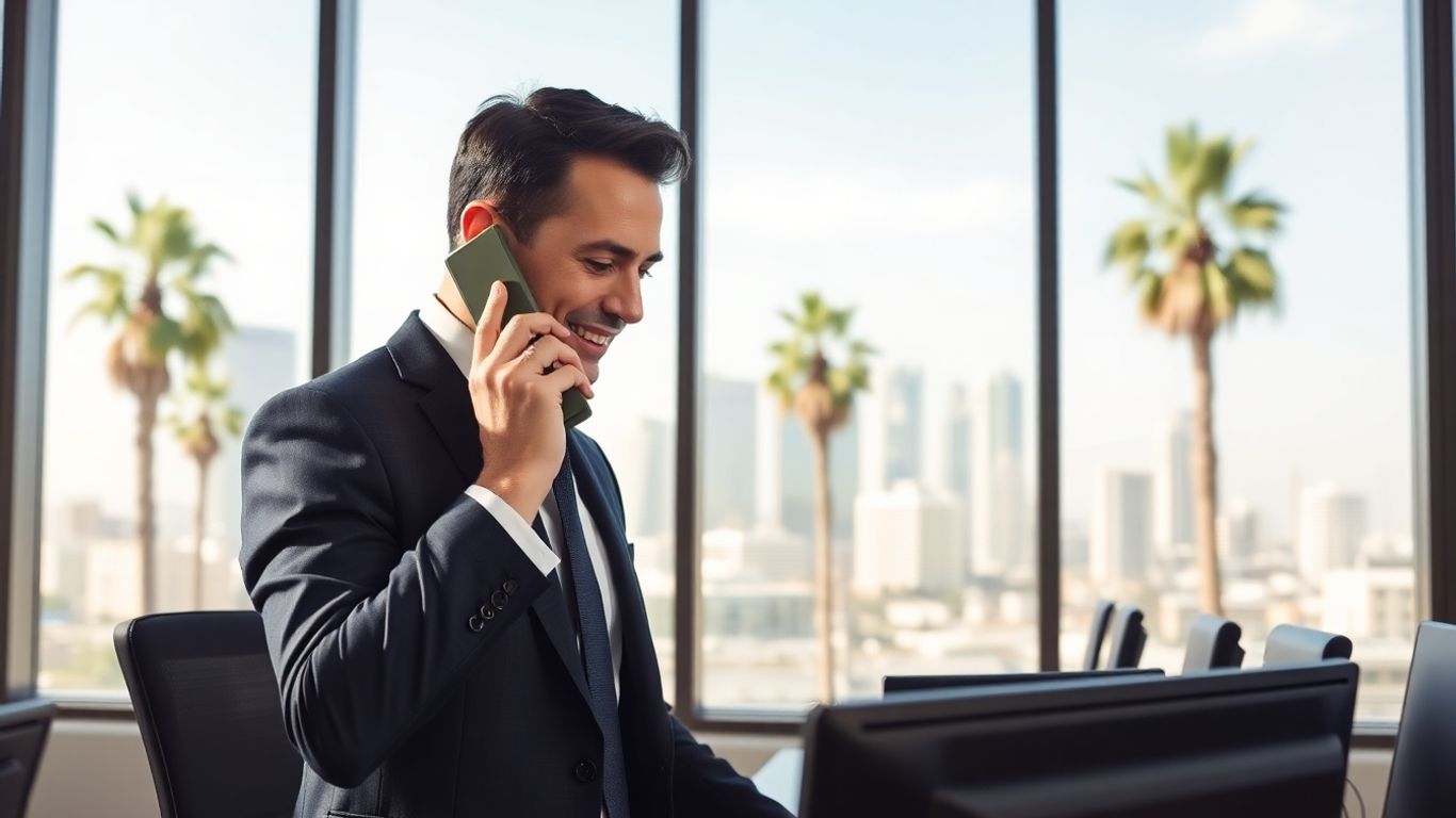 Businessperson in Los Angeles office answering phone