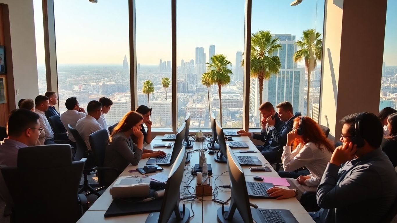 Los Angeles office workers answering phones with skyline view