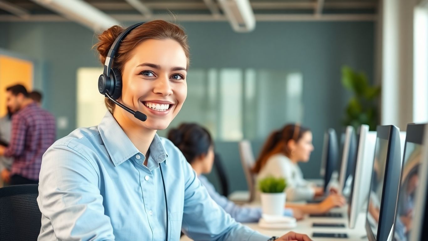 Smiling call center agent assisting local business customer