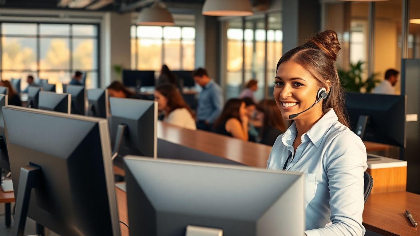 Receptionist uses headset in a modern Phoenix office