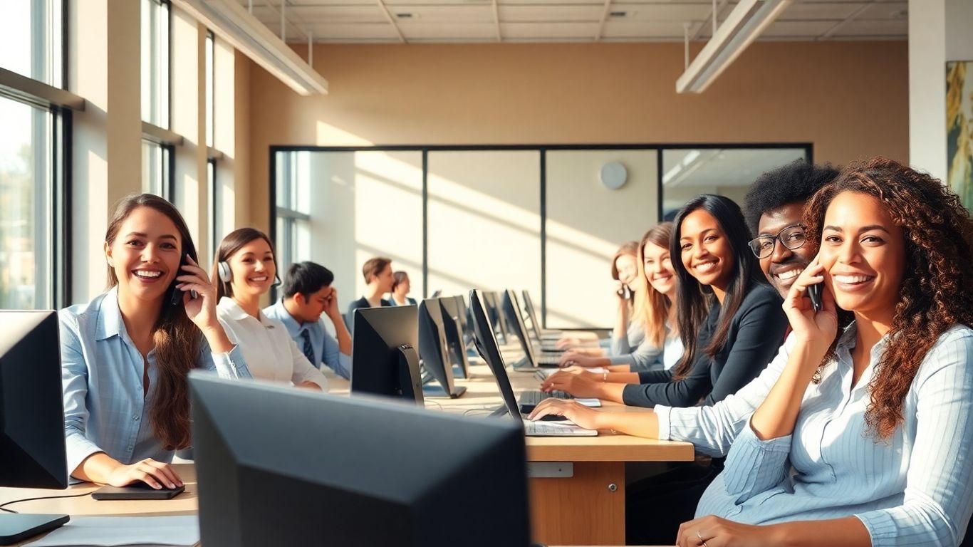 Office staff answering phones in bright, modern workspace.