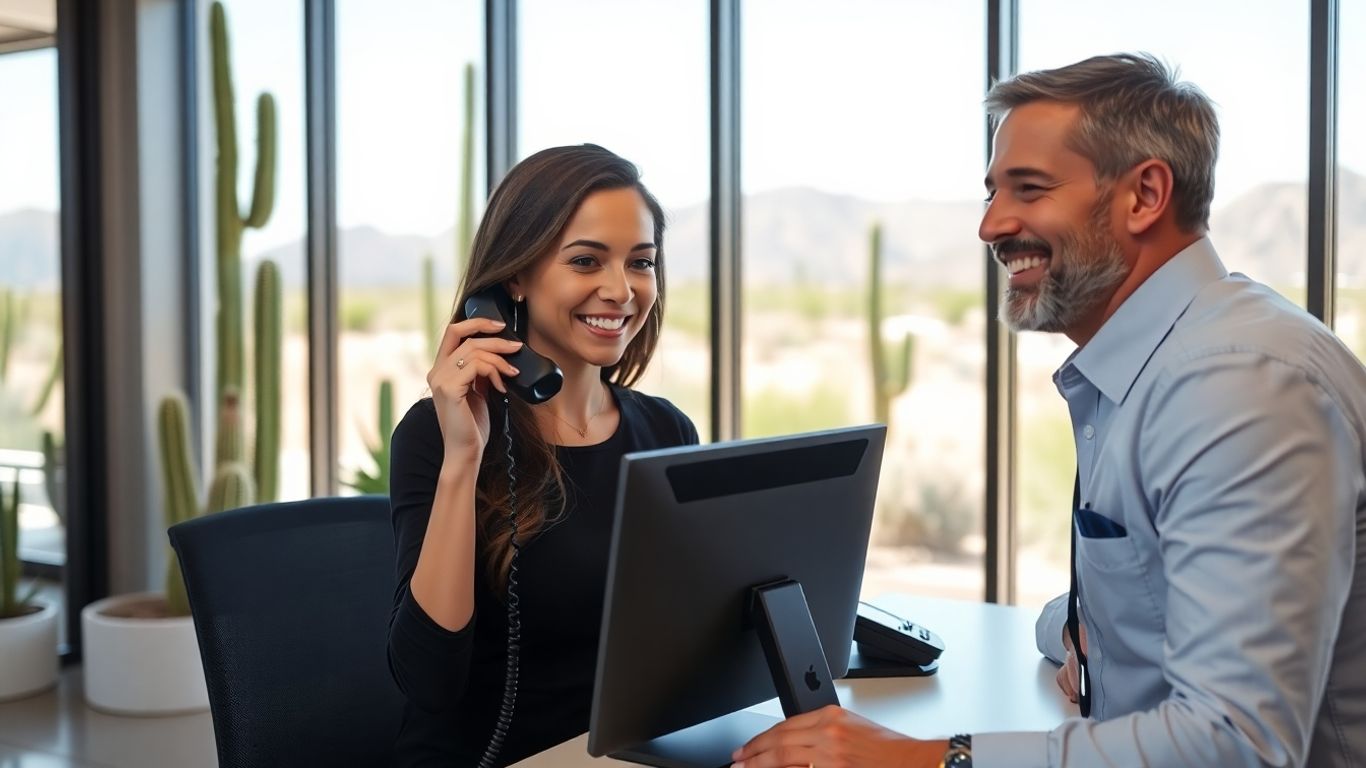 Receptionist in Phoenix office answering customer call
