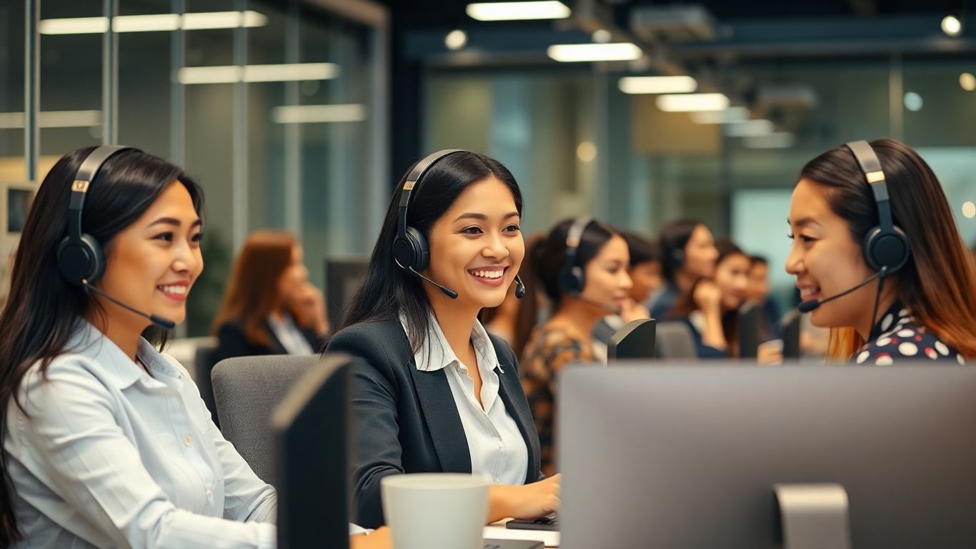 Bilingual operators assisting customers in a call center.