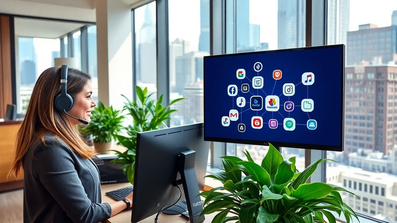 Receptionist with headset in modern Houston office