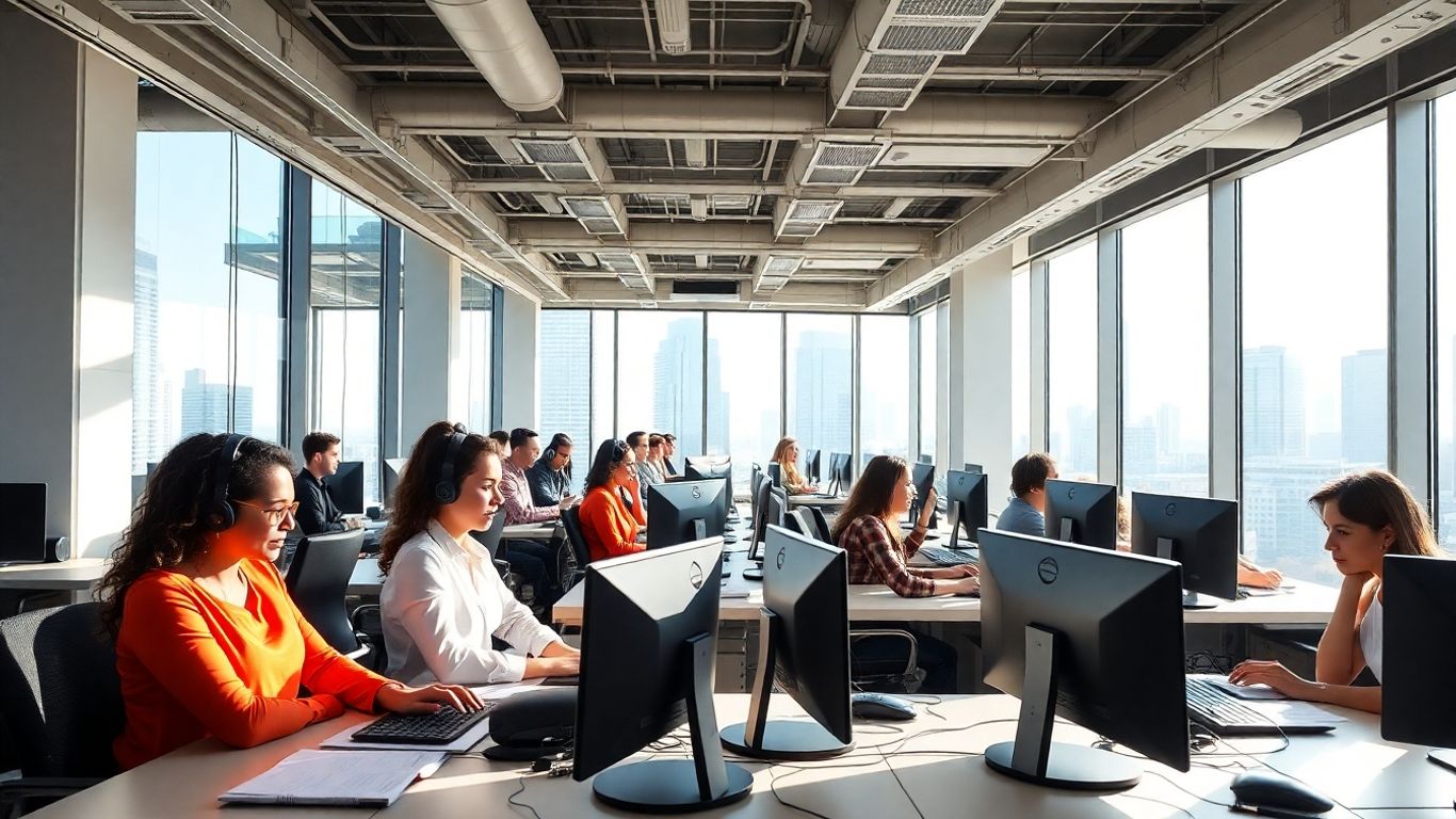 Multiple professionals on phones in modern Houston office