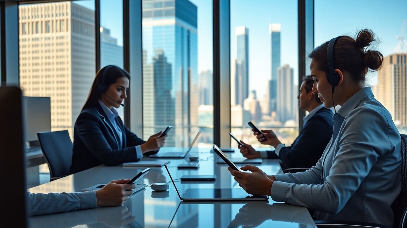 Office workers texting and calling with Chicago skyline visible
