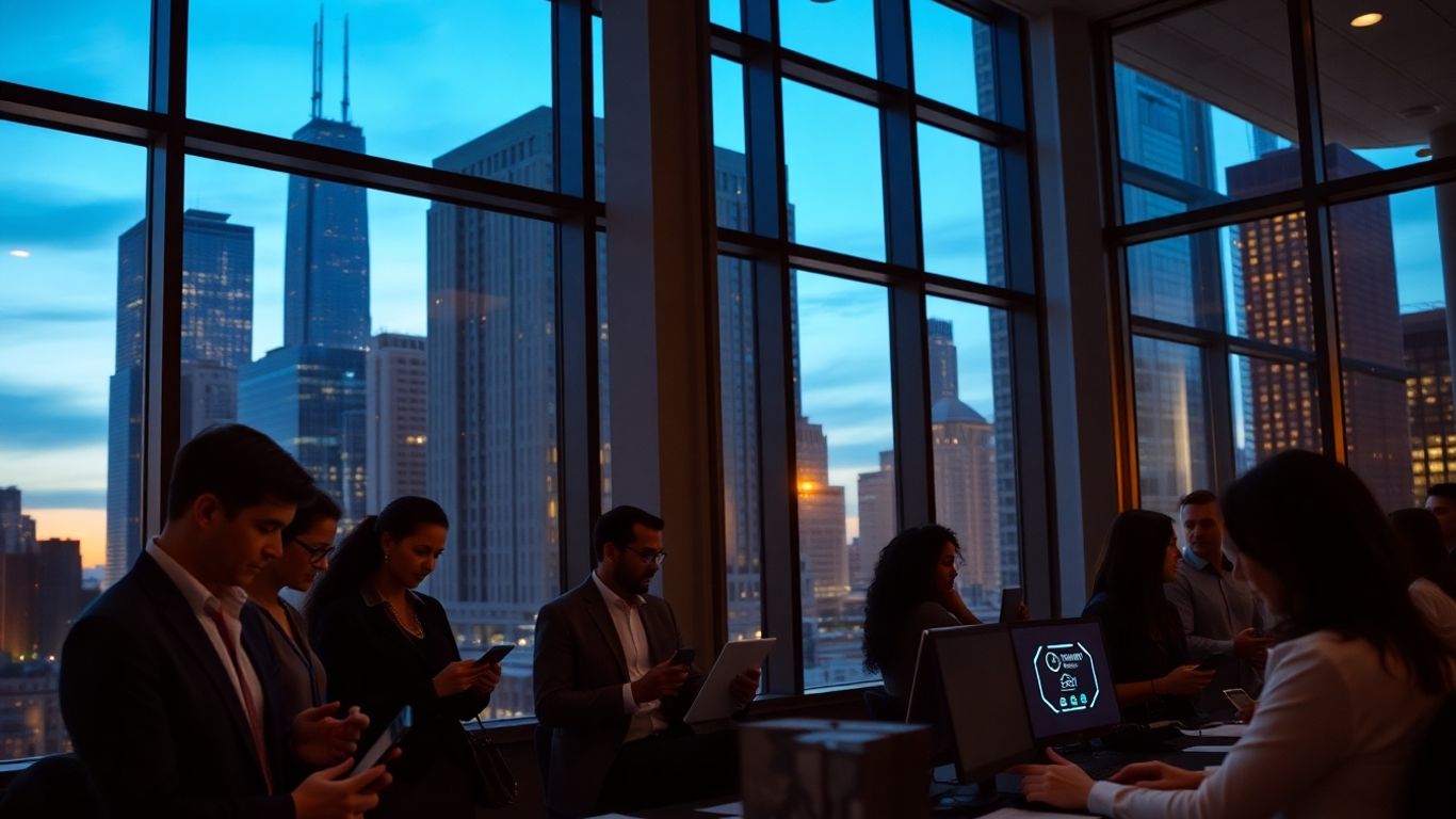 Chicago office workers using smart devices and voicemail
