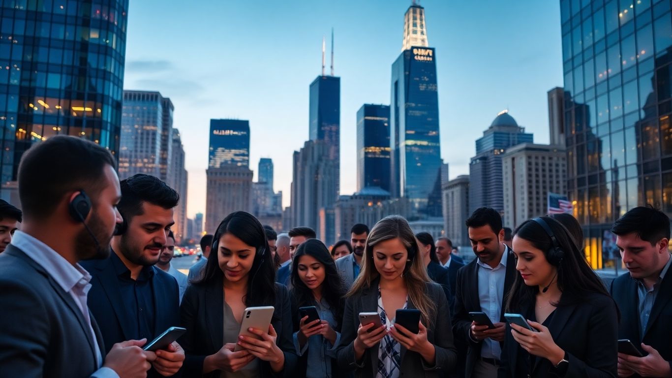 Chicago professionals communicating with phones in modern office