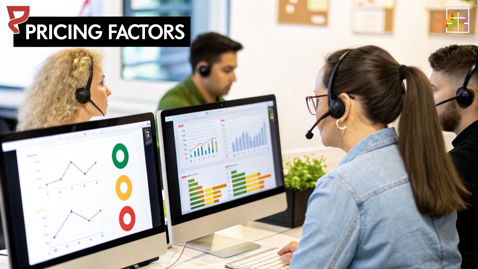A call center agent with a headset smiling while looking at a computer screen.