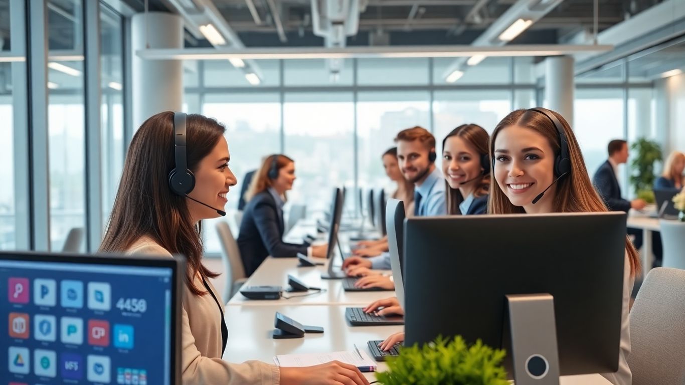 Receptionists using headsets in a modern St. Petersburg office.