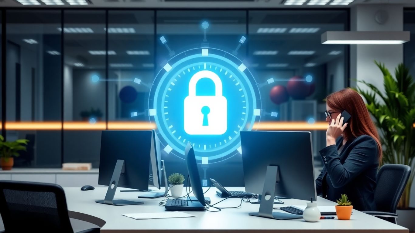 Receptionist answering phone in secure modern office