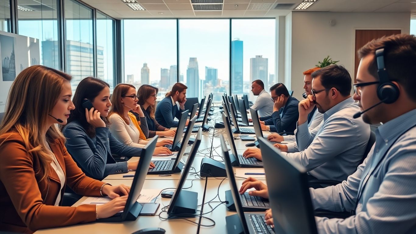 Professional team answering phones in modern St. Petersburg office