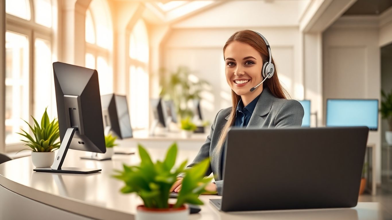 Receptionist with headset in modern St. Petersburg office