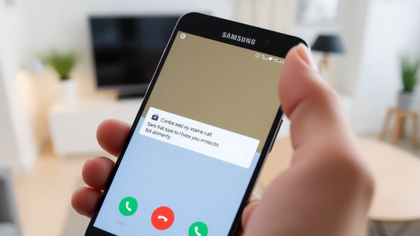 Samsung phone showing spam call alert in hand