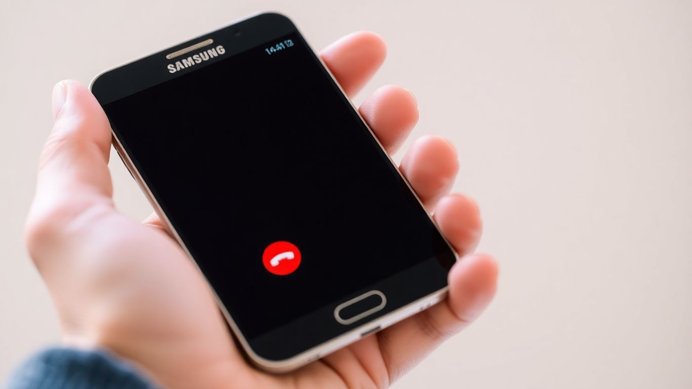 Samsung smartphone showing spam call warning in hand