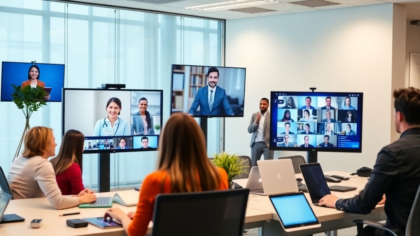 Office with virtual receptionist on monitor and digital teamwork.