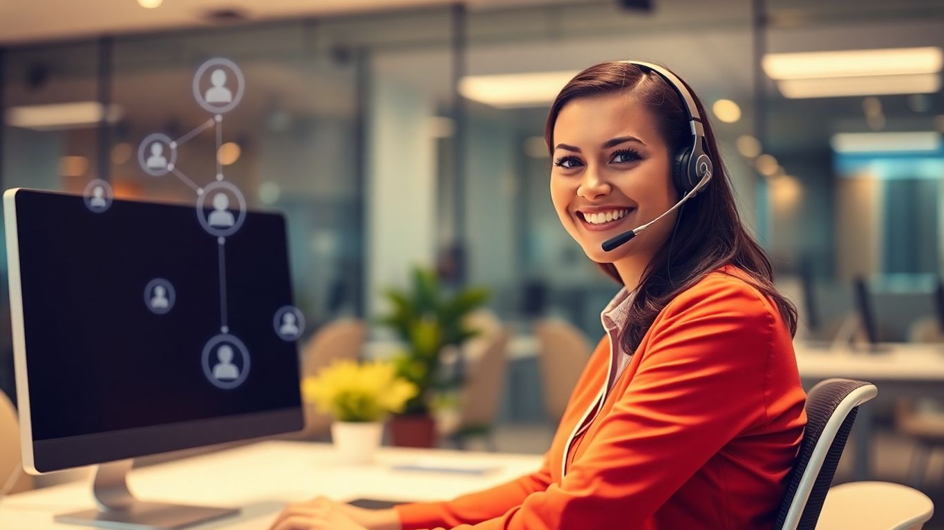 Professional virtual receptionist assisting customer in modern office