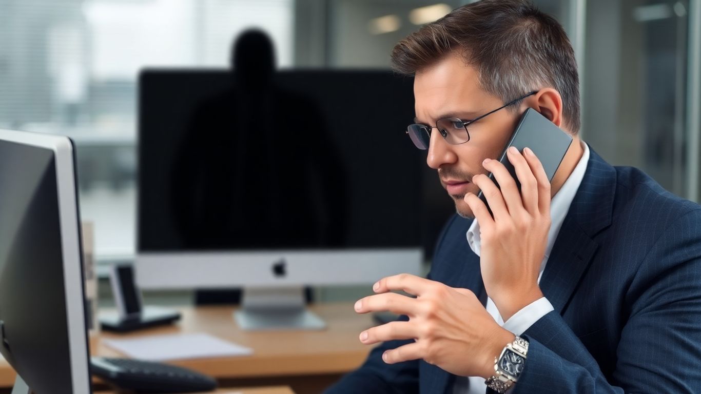 Worried business owner receives suspicious phone call in office