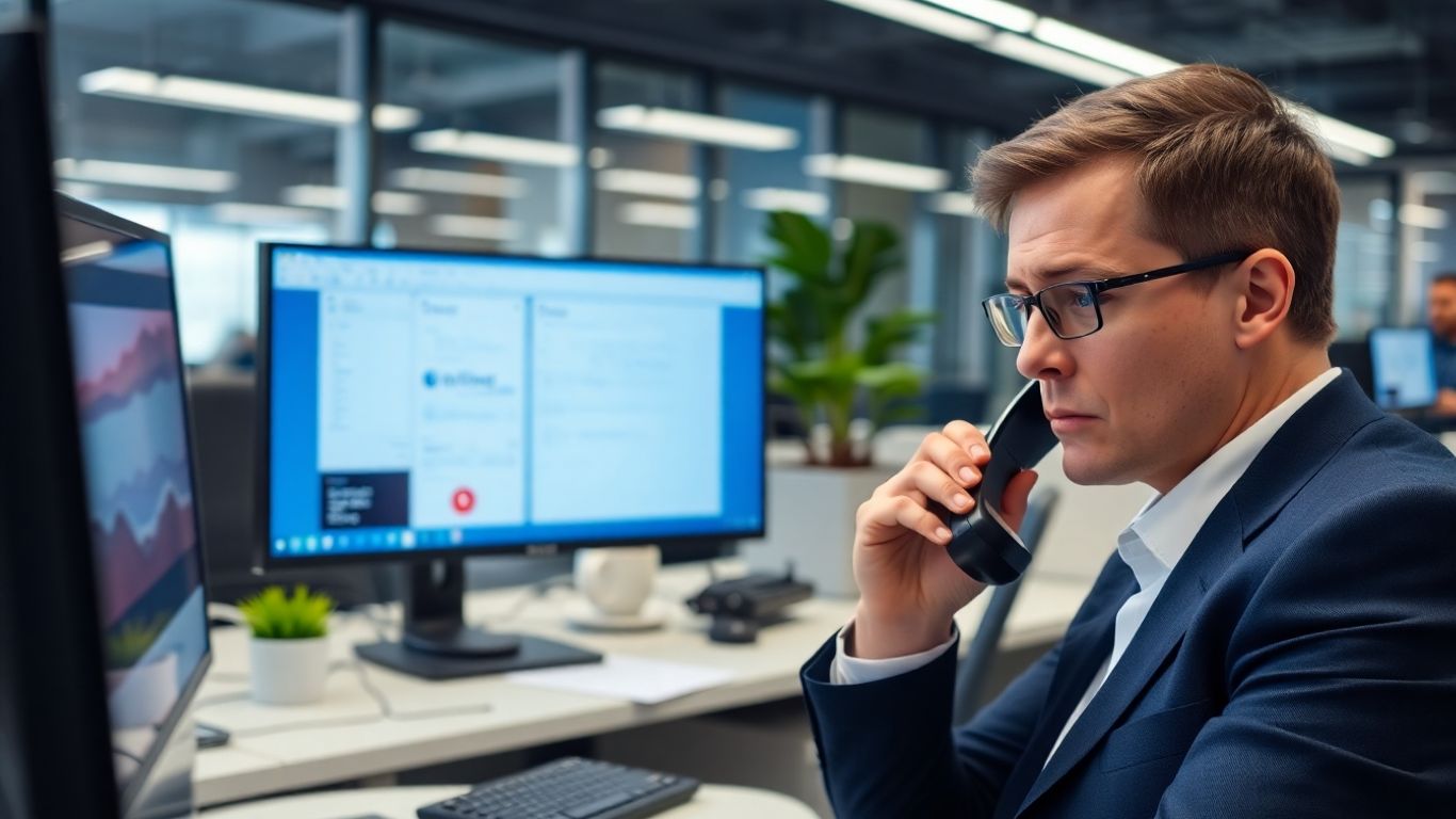 Annoyed person receiving business spam call at office