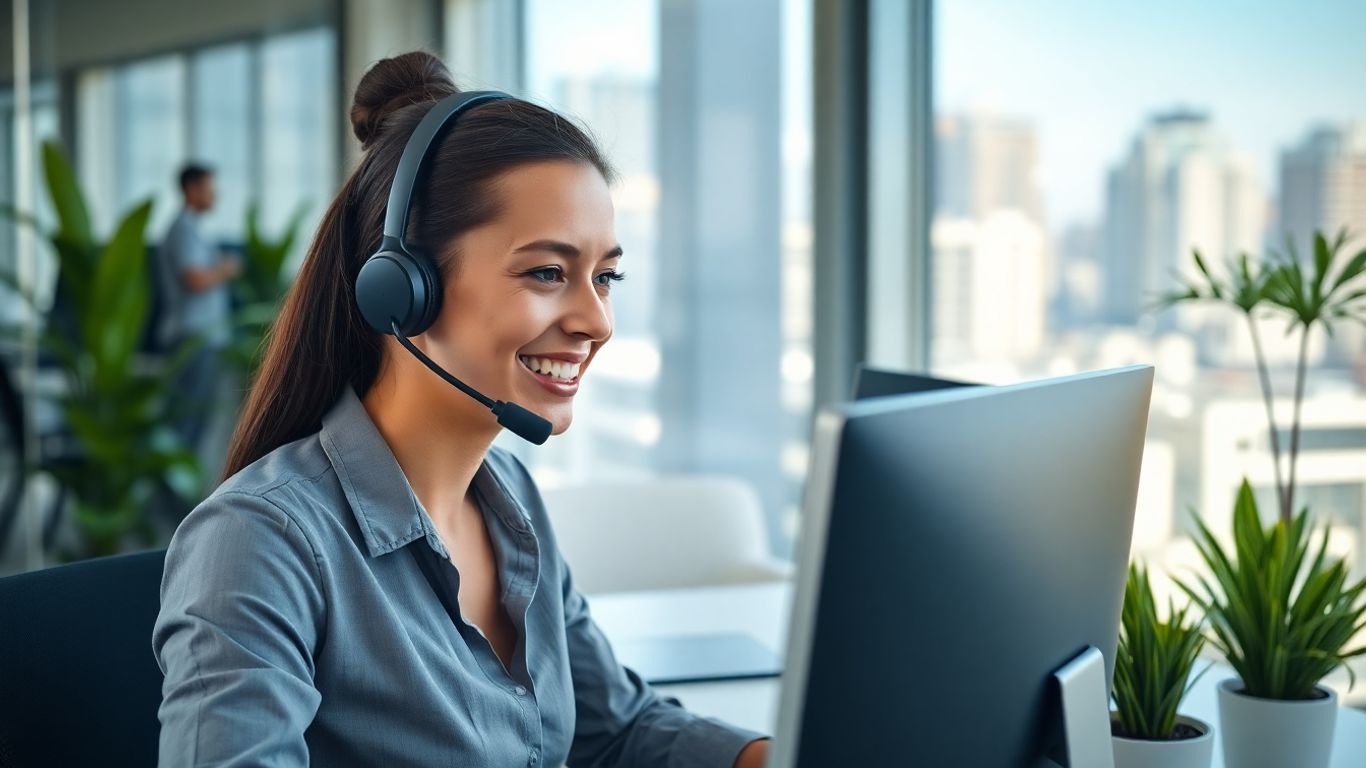 Receptionist with headset working in modern office setting