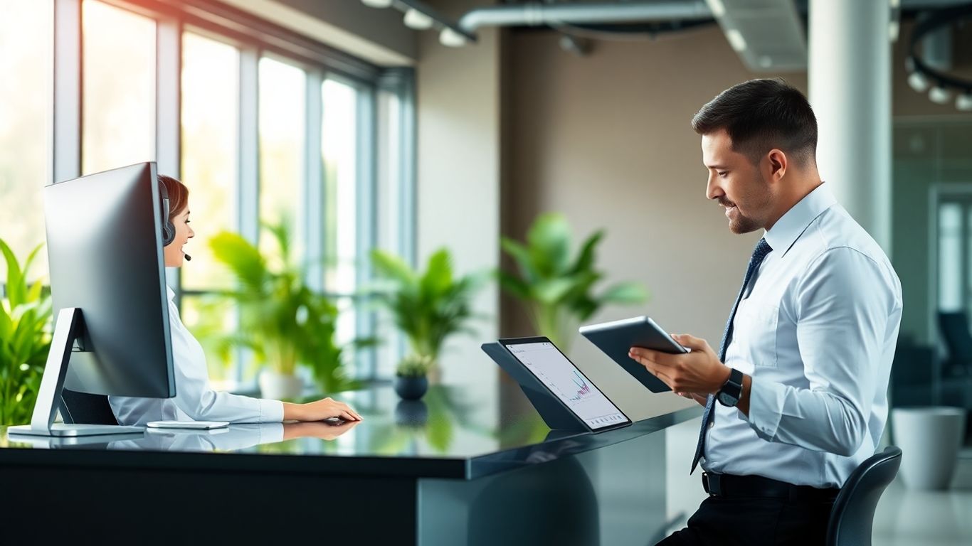 Virtual receptionist helping business professional in office