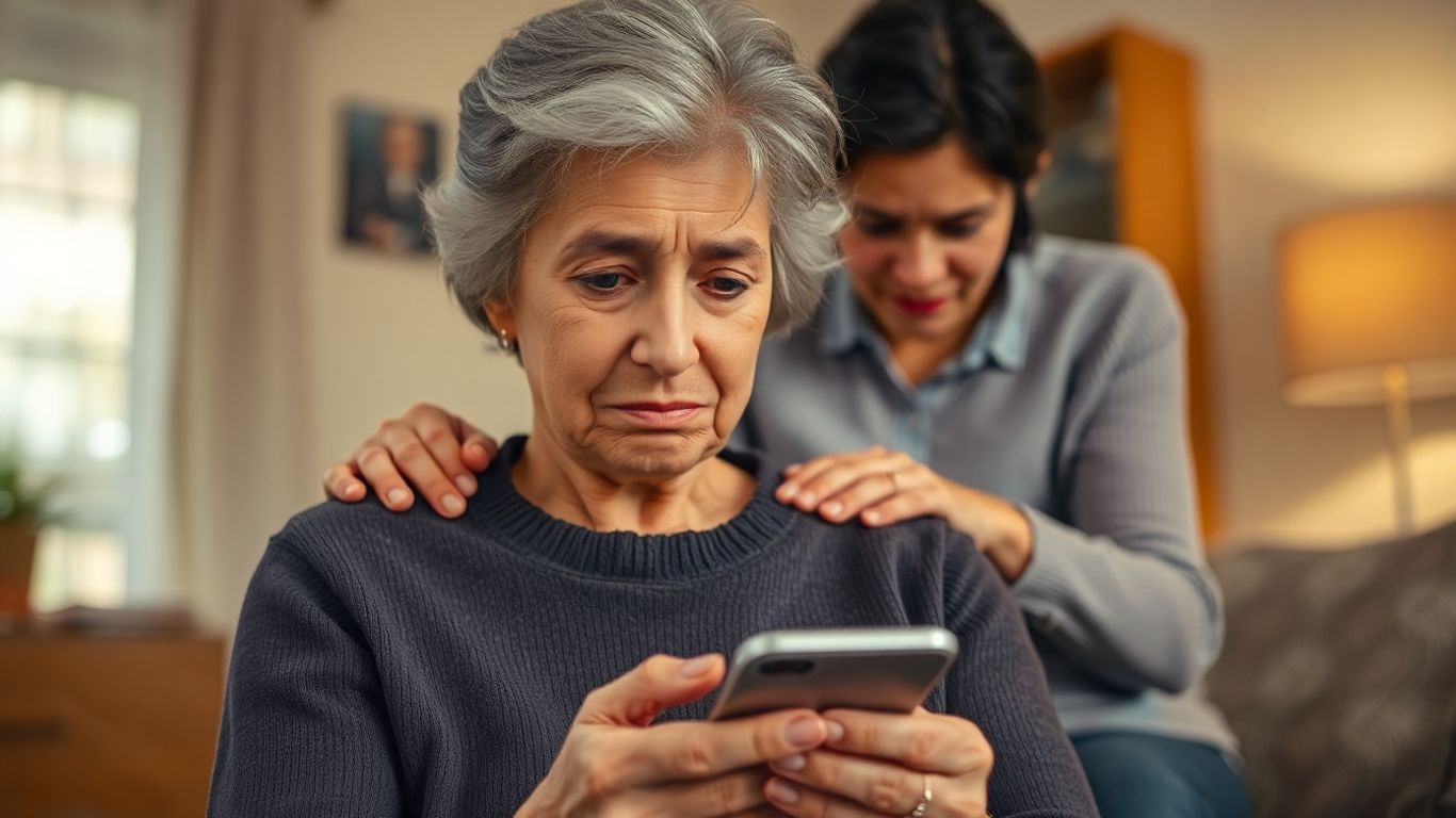 Elderly woman receiving help with her phone call