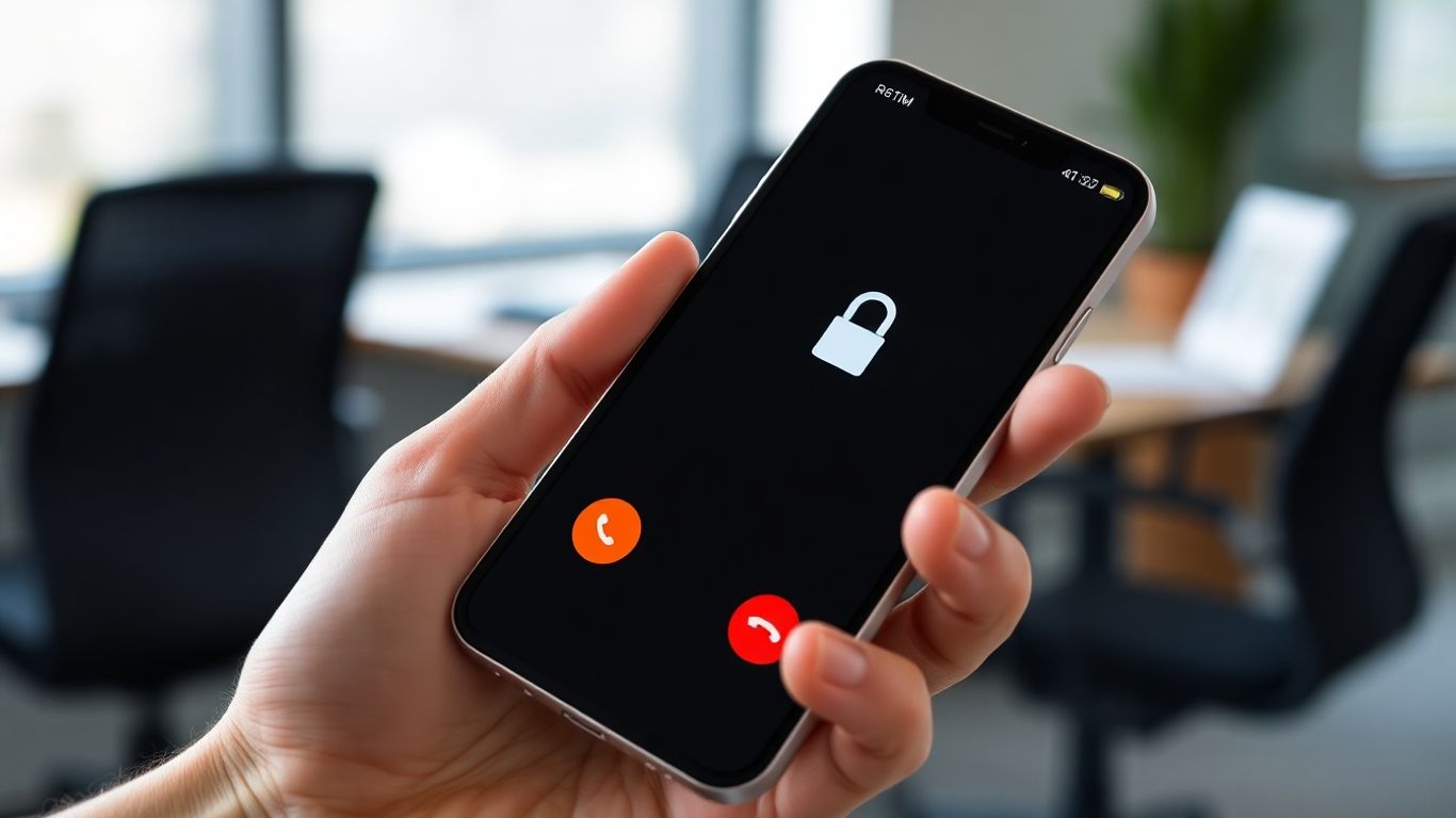 Hand holding smartphone with incoming call screening interface.
