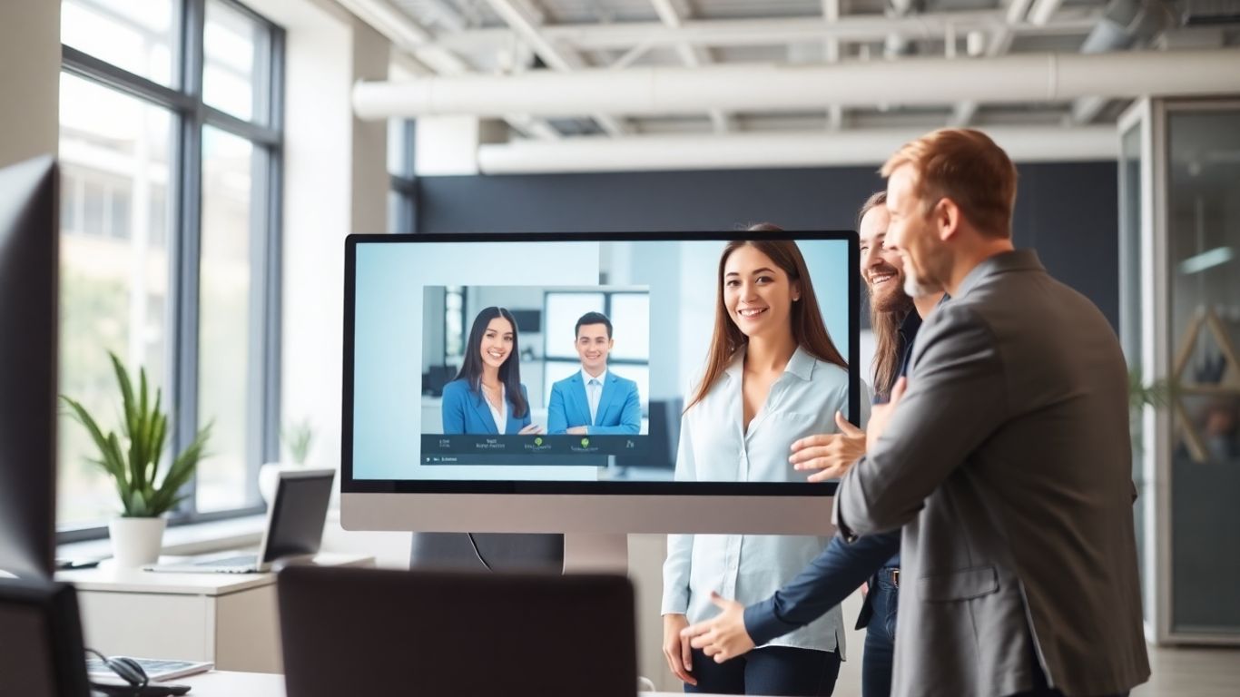 Small business team using virtual receptionist at office desk