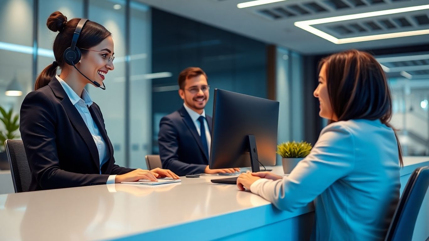 Receptionist with headset in a modern, technology-driven office
