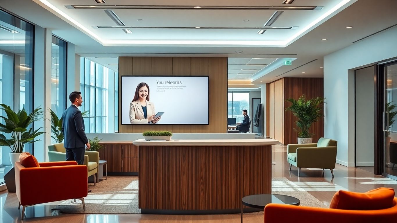 AI virtual receptionist greeting clients in modern office