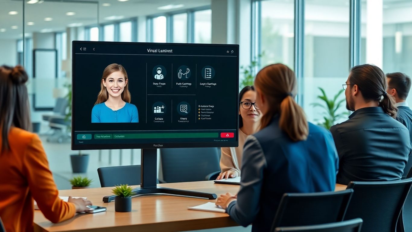 Virtual receptionist coordinating business communications in modern office