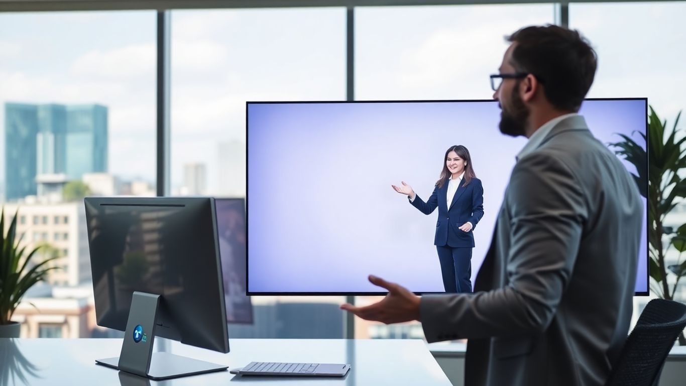 Businessperson talking to AI receptionist in Springfield office