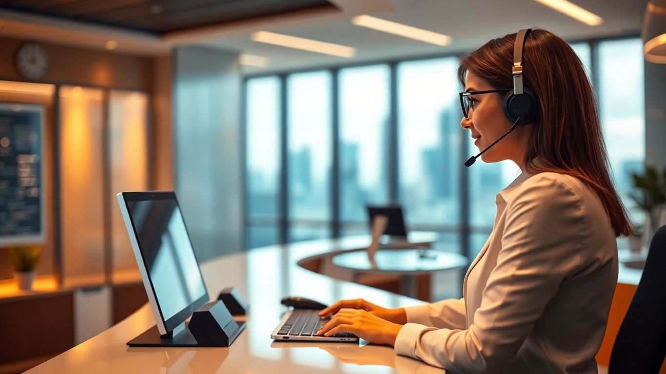 Virtual receptionist at modern office desk with headset