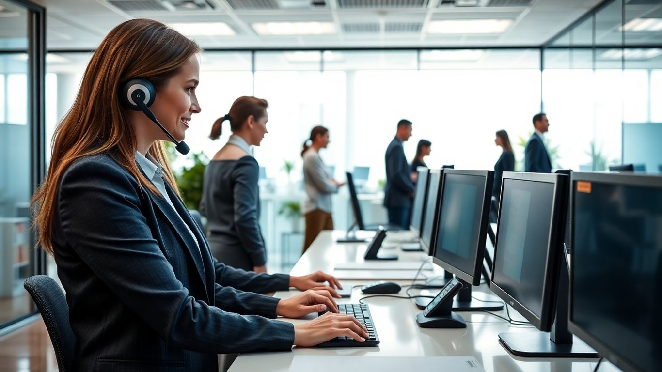 Receptionist on headset in modern glass-walled office