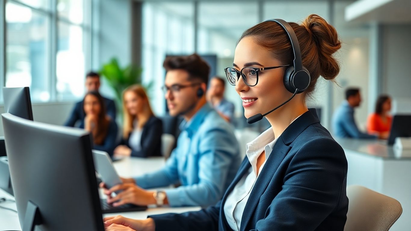 Virtual receptionist assisting diverse business team in office