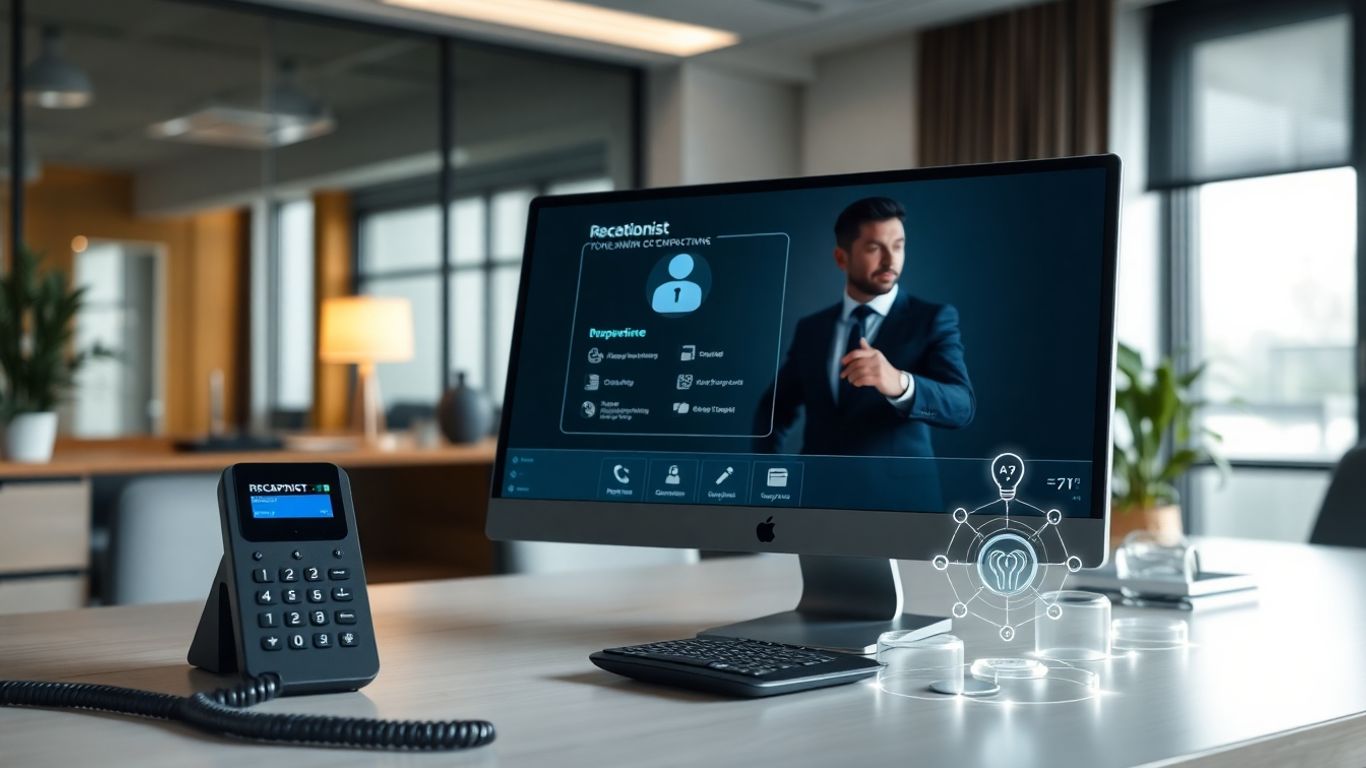 Professional using AI virtual receptionist system at desk