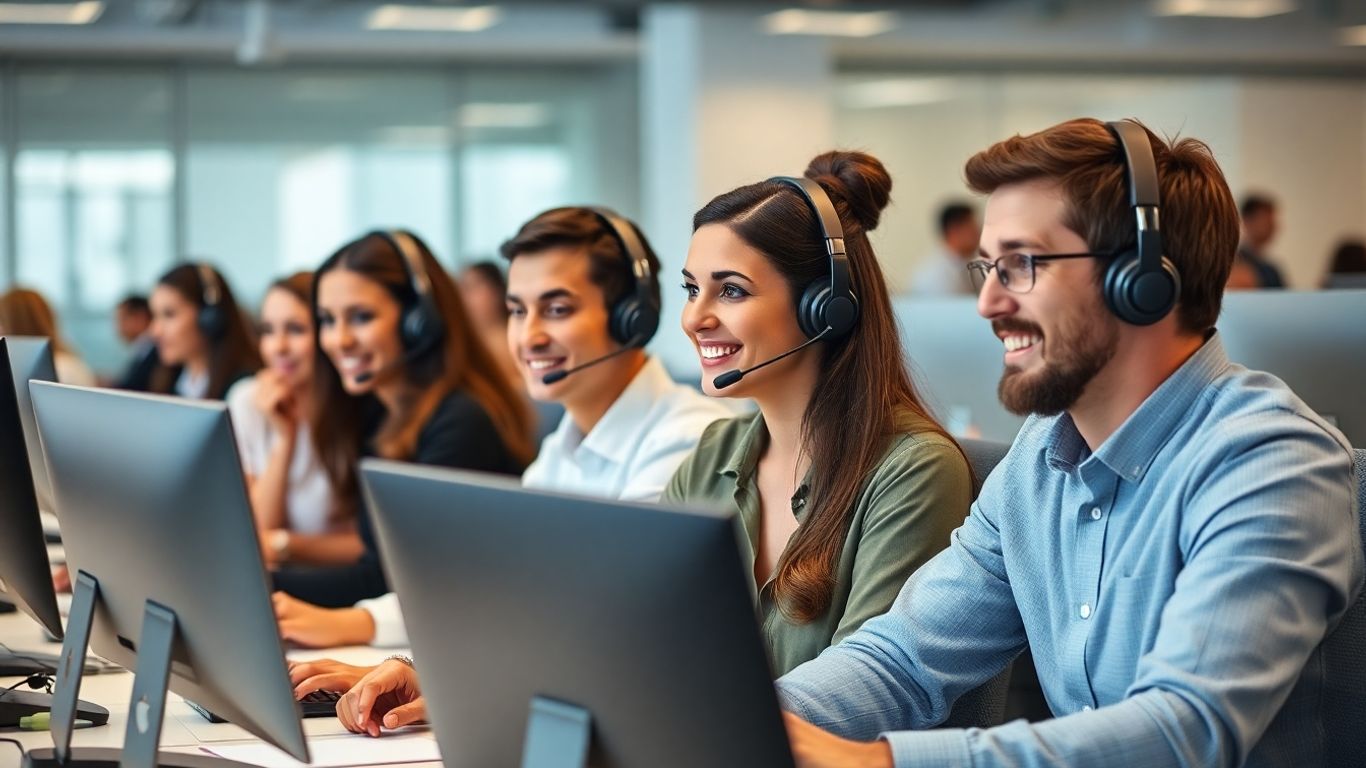 Diverse call center agents actively listening and assisting customers.