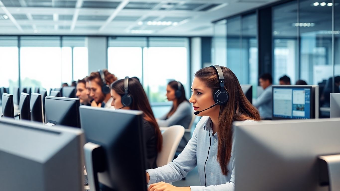 Call center agents managing calls in a modern office