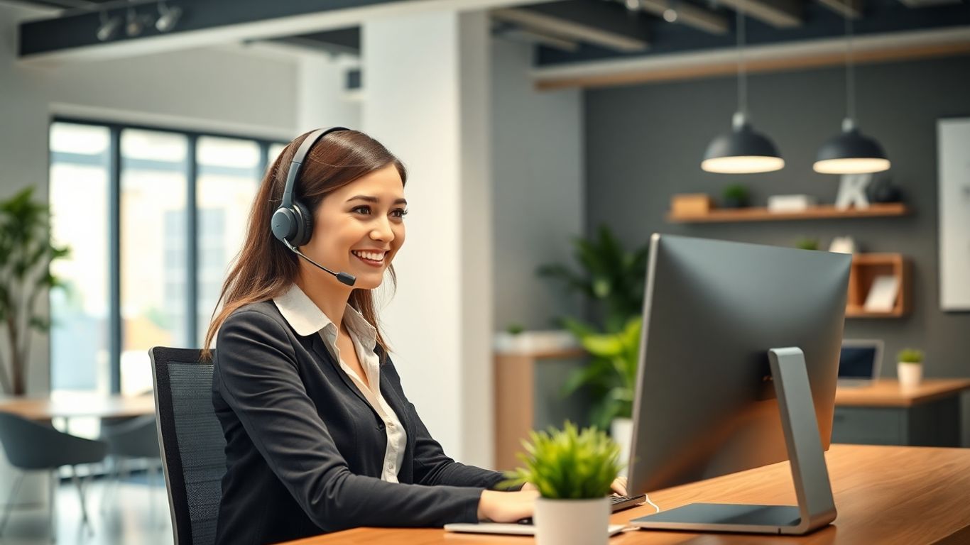 Smiling virtual receptionist assisting in a modern office.