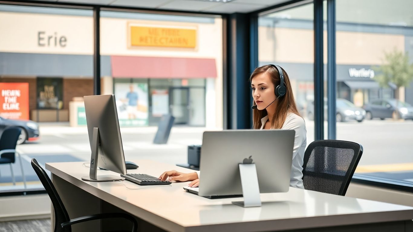 Receptionist at desk with Erie storefronts in background